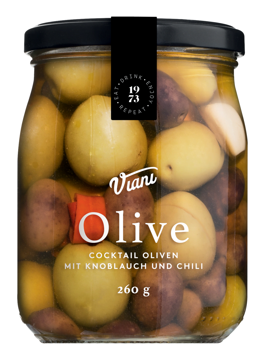 Viani Olive Cocktail-Oliven mit Knoblauch und Chili 260g