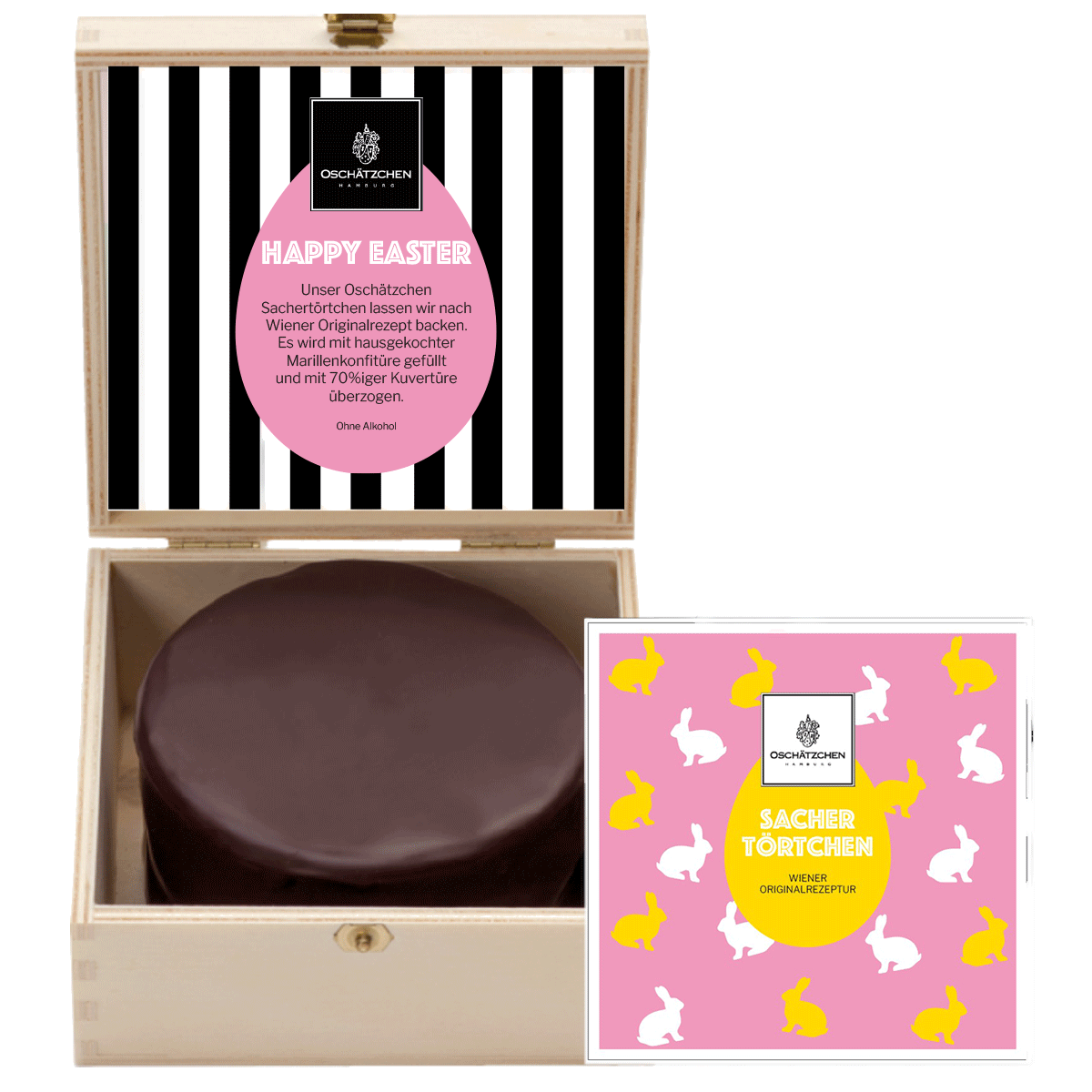 Oschätzchen Oster-Sacher-Törtchen in Holzbox 200g Oschätzchen Oster-Sacher-Törtchen in Holzbox 200g