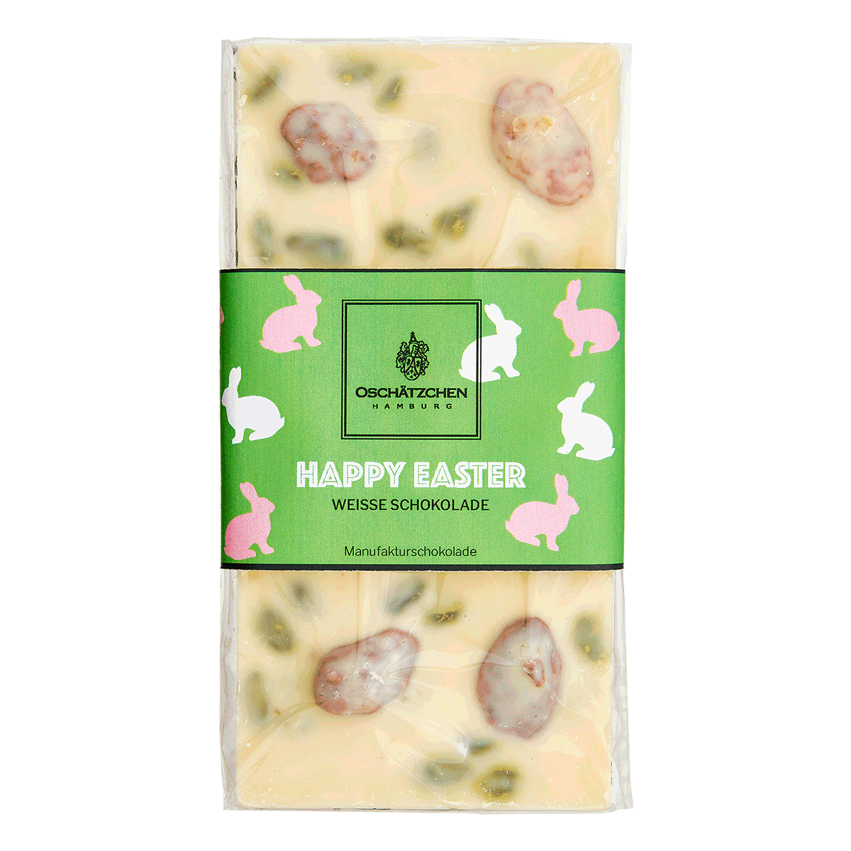 Oschätzchen Happy Easter Weiße Schokolade Mandeln Pistazie 100g