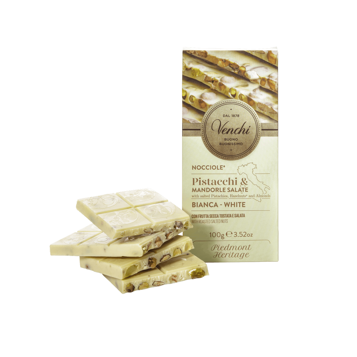 Venchi Weiße Schokolade Pistazie, Mandel und Haselnuss 95g