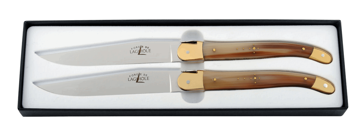 Laguiole Tafelmesser Horn marmoriert Messing 2er Set
