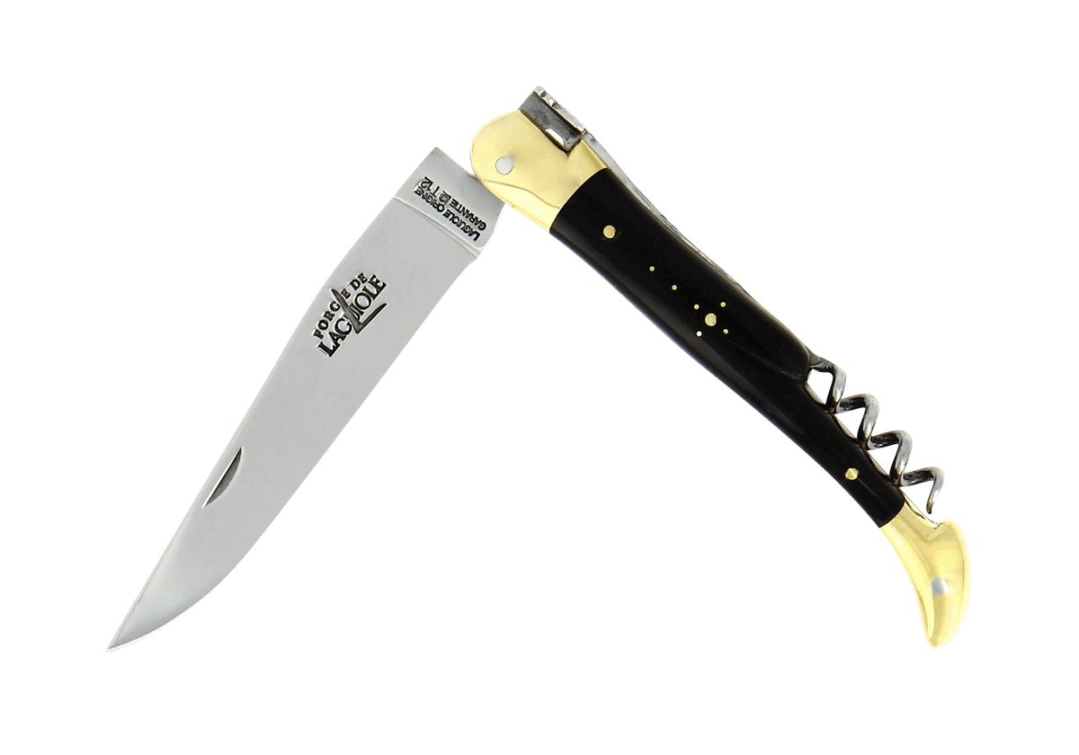 Laguiole Taschenmesser mit Korkenzieher Horn schwarz Messing 12 cm