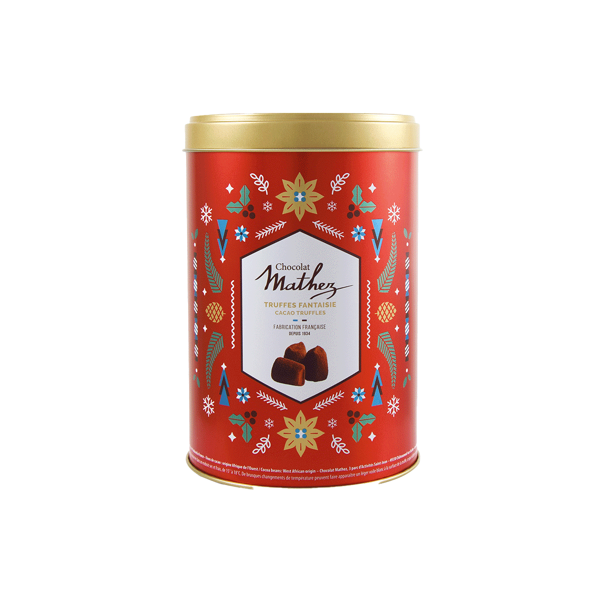 Mathez Truffes Fantaisie Schokoladentrüffel in roter Metalldose mit Weihnachtsmotiv 500g 