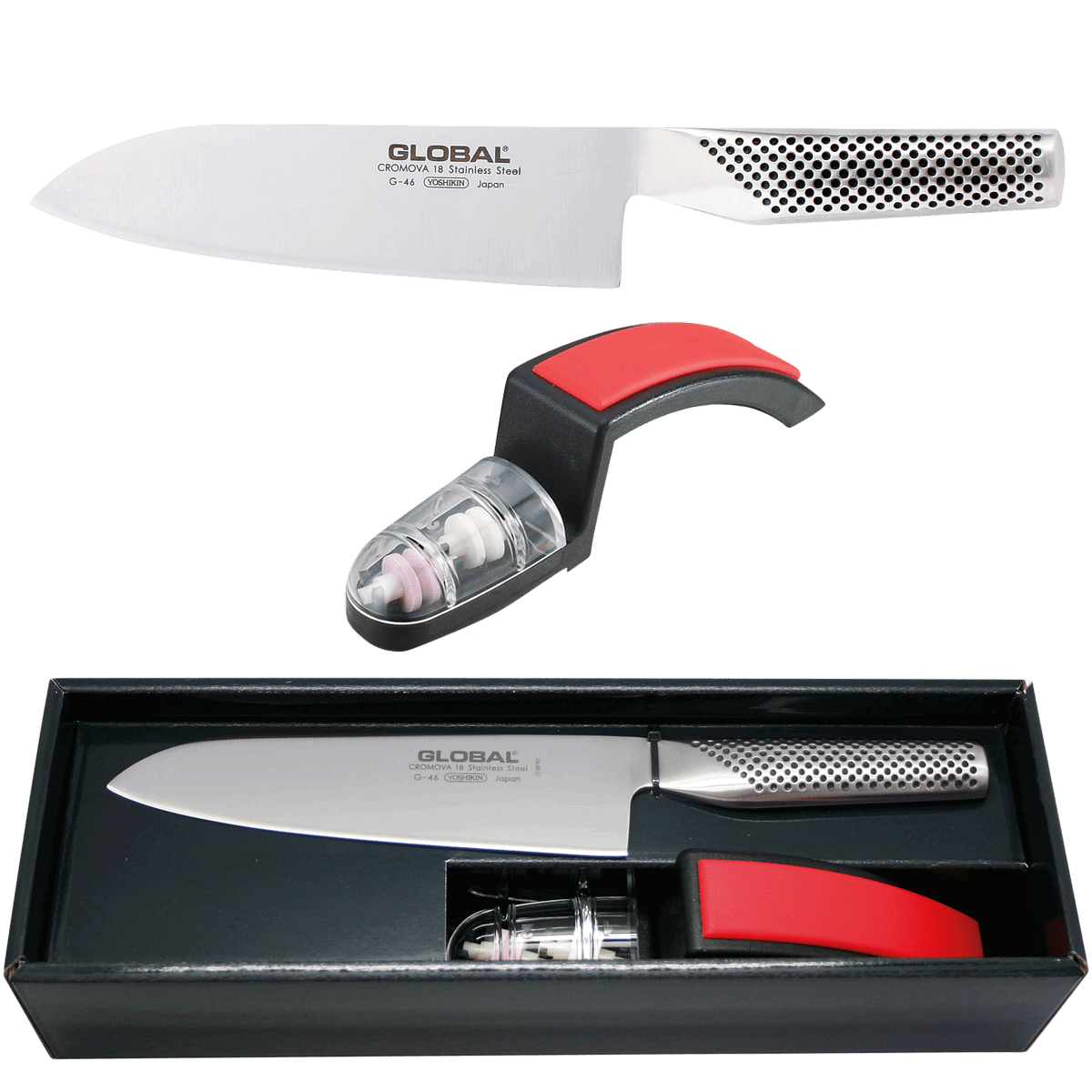 Global G46 Santoku vorne spitz 18cm + Schleifer