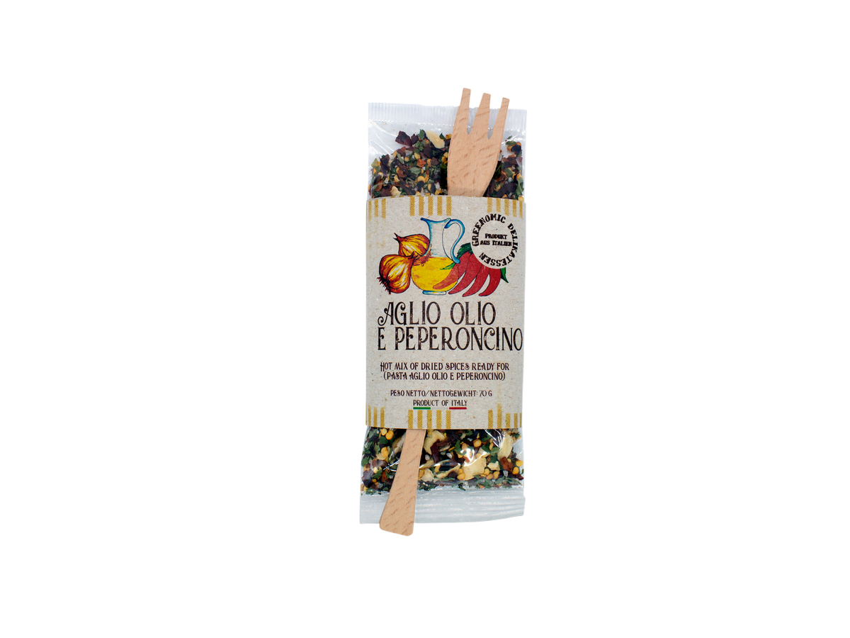 Gewürzset Aglio Olio Peperoncino mit Holzlöffel