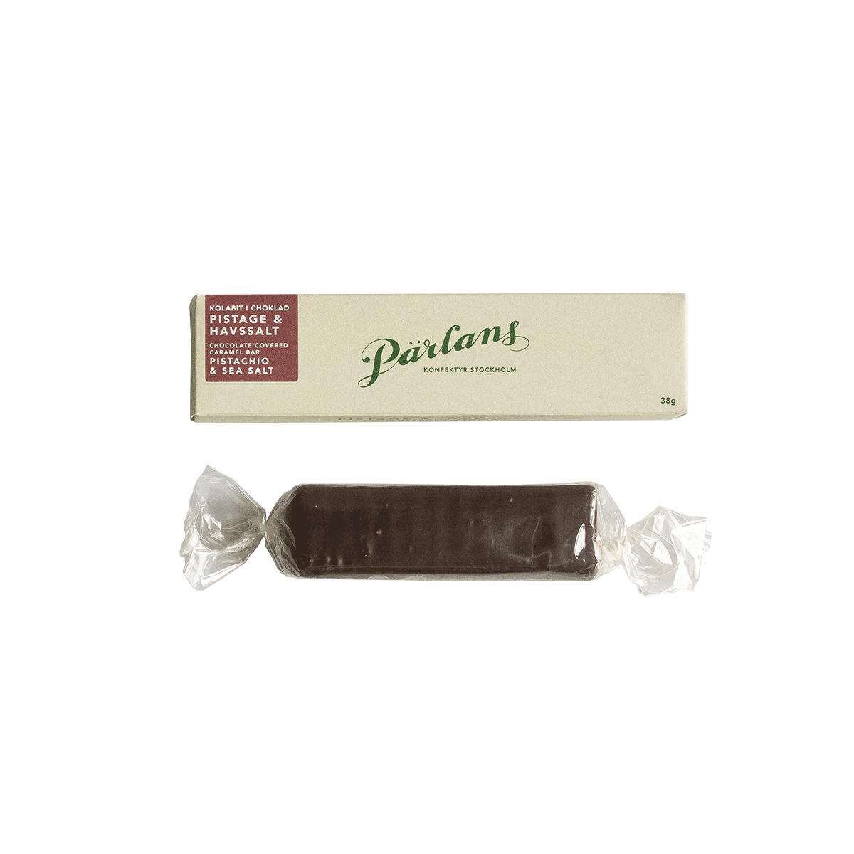 Pärlans Karamell Riegel mit Pistazie und Meersalz schokoliert 38g Pärlans Karamell Riegel mit Pistazie und Meersalz schokoliert 38g