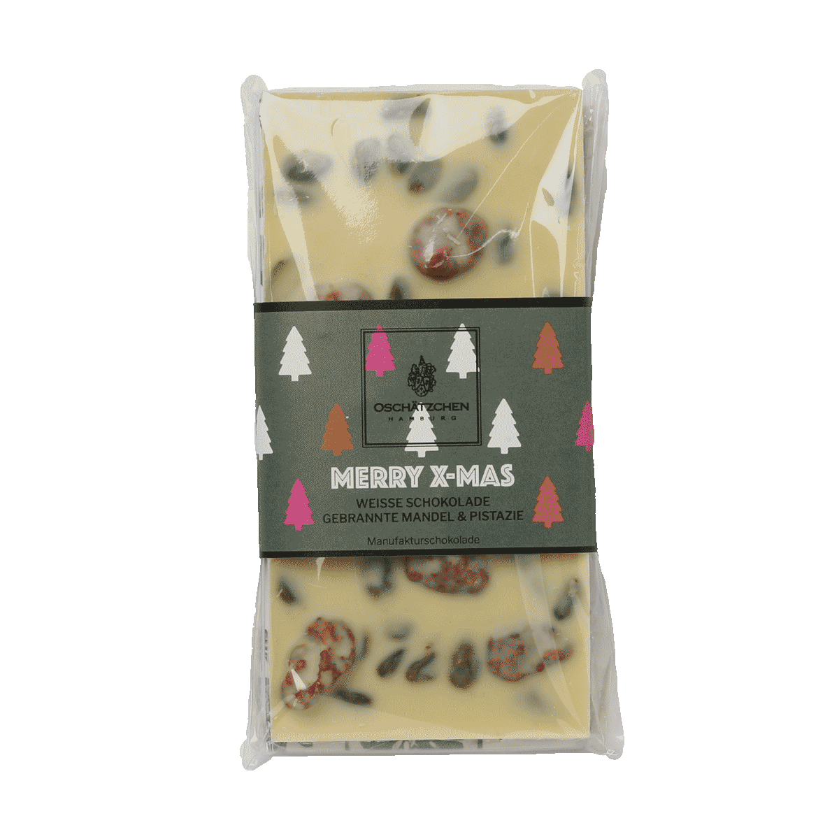 Oschätzchen Merry Xmas Weisse Schokolade mit gebrannten Mandeln und Pistazie 100g