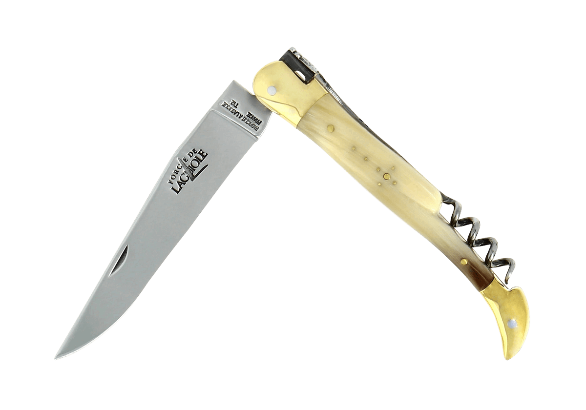 Laguiole Taschenmesser mit Korkenzieher Horn marmoriert Messing 12 cm