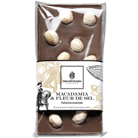 Oschätzchen Vollmilchschokolade mit Macadamia & Fleur de Sel 100g Oschätzchen Vollmilchschokolade mit Macadamia & Fleur de Sel 100g